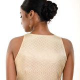 Pearl white brocade blouse — back with boat neckline and hook closure