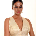 Pearl white silk brocade sleeveless blouse — front V-neckline view