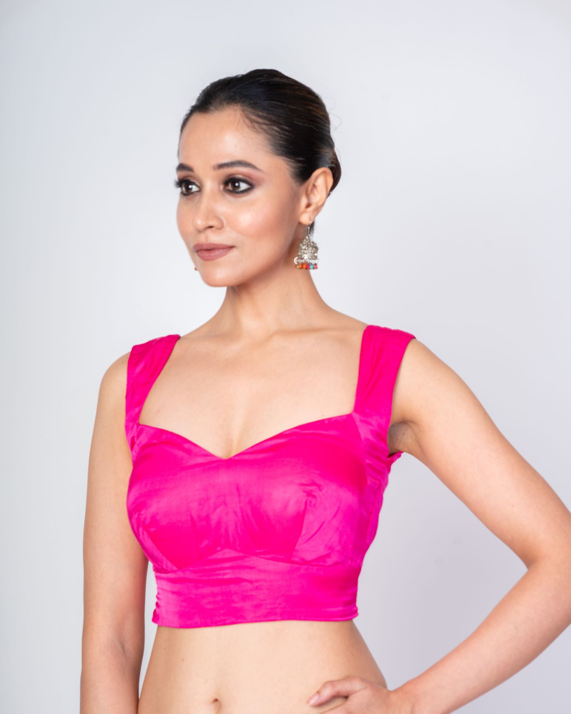 Persian Rose Pink Sleeveless Satin Silk Blouse with Queen Anne Neckline - Anvi Couture
