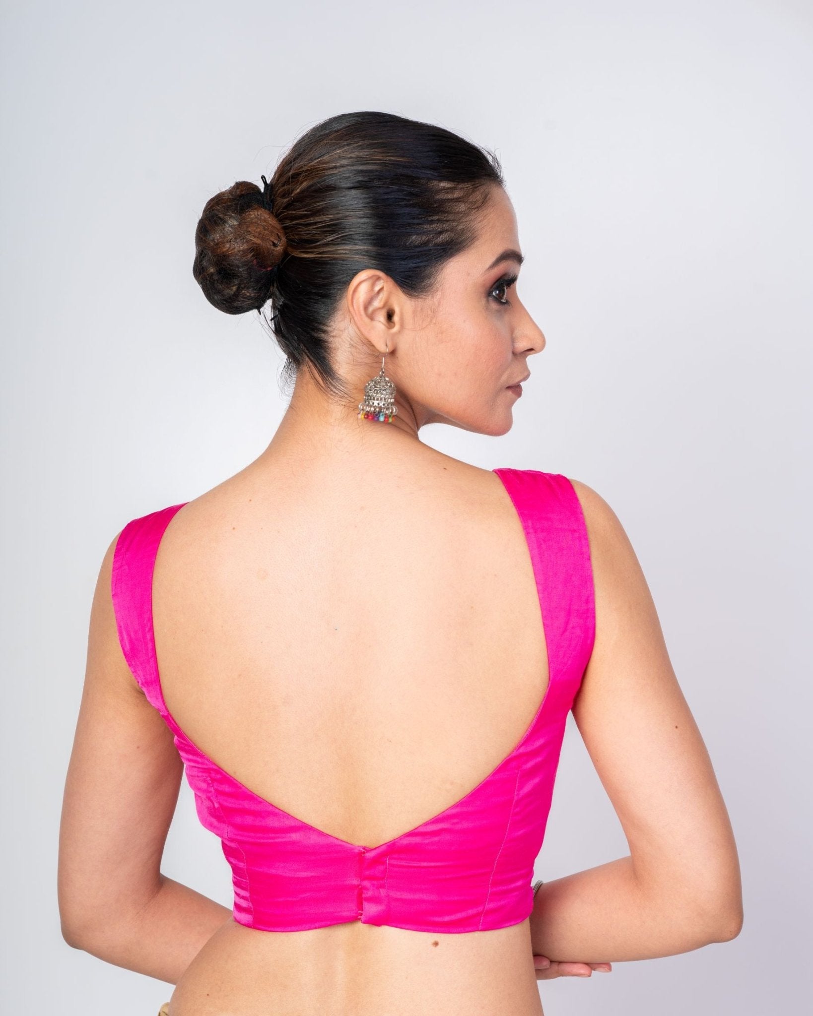 Persian Rose Pink Sleeveless Satin Silk Blouse with Queen Anne Neckline - Anvi Couture