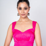 Persian Rose Pink Sleeveless Satin Silk Blouse with Queen Anne Neckline - Anvi Couture
