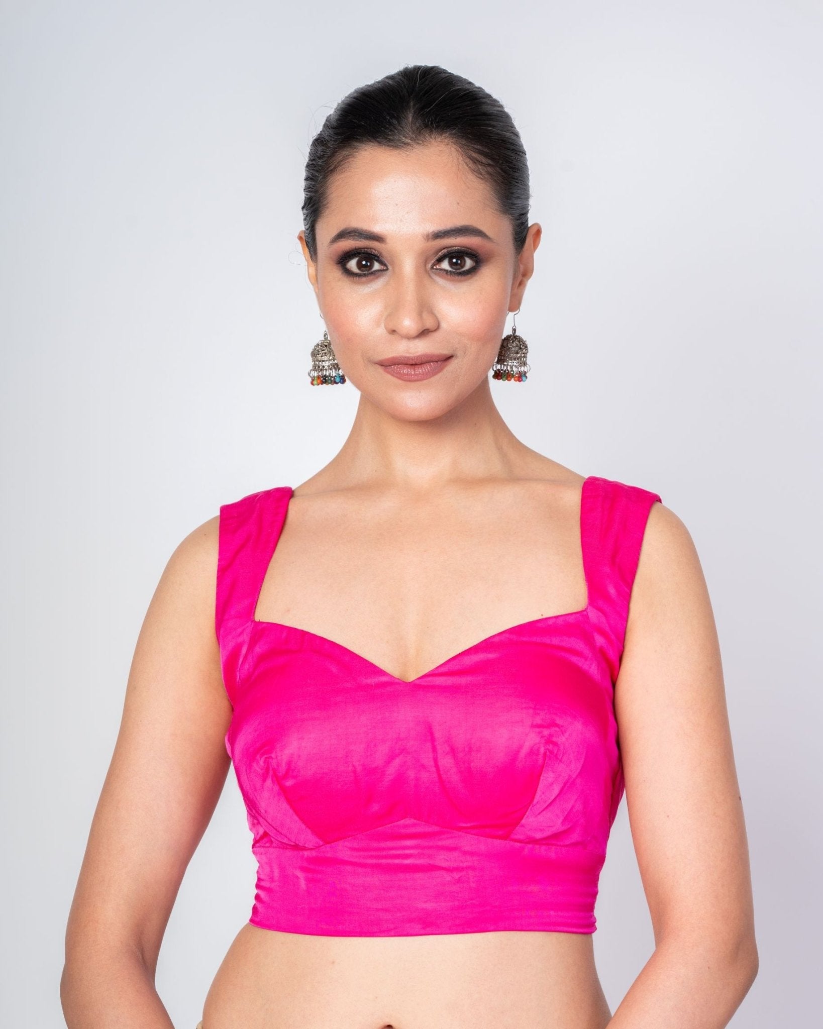 Persian Rose Pink Sleeveless Satin Silk Blouse with Queen Anne Neckline - Anvi Couture