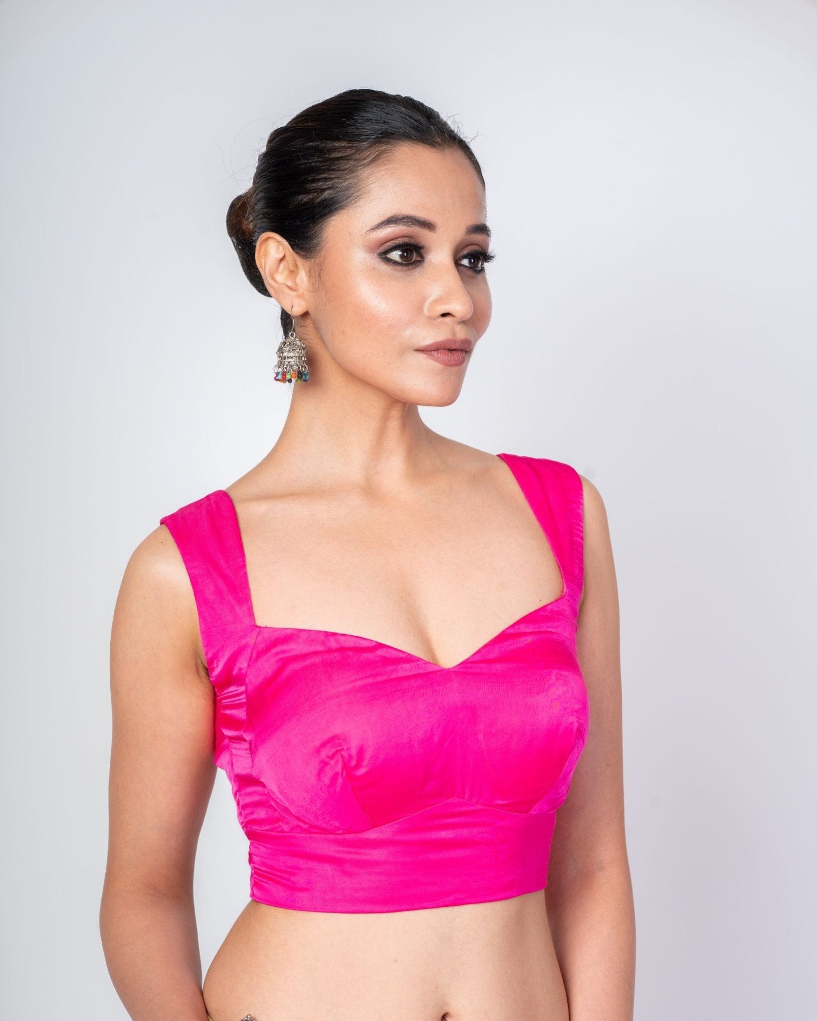 Persian Rose Pink Sleeveless Satin Silk Blouse with Queen Anne Neckline - Anvi Couture