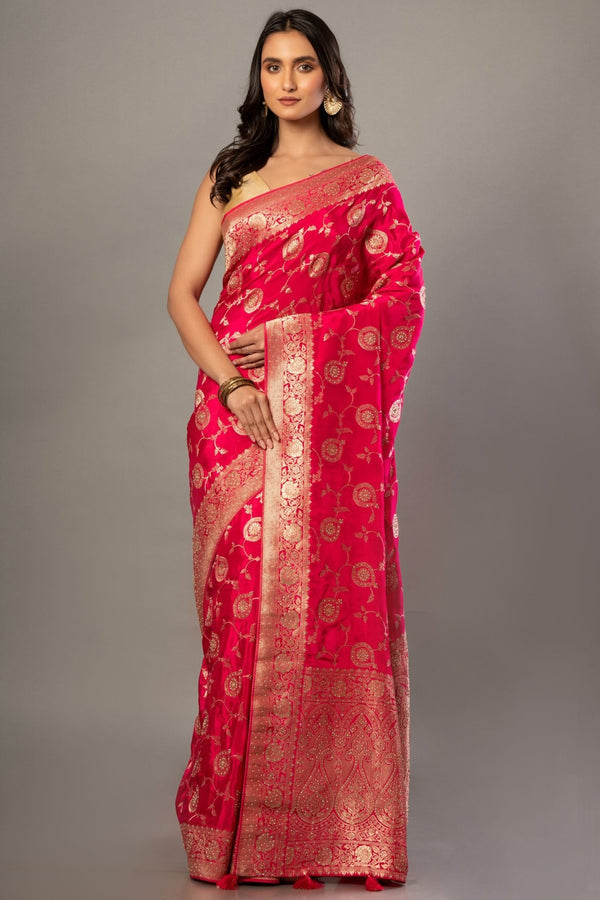 Pink Banarasi Bridal Saree with Floral - Anvi Couture