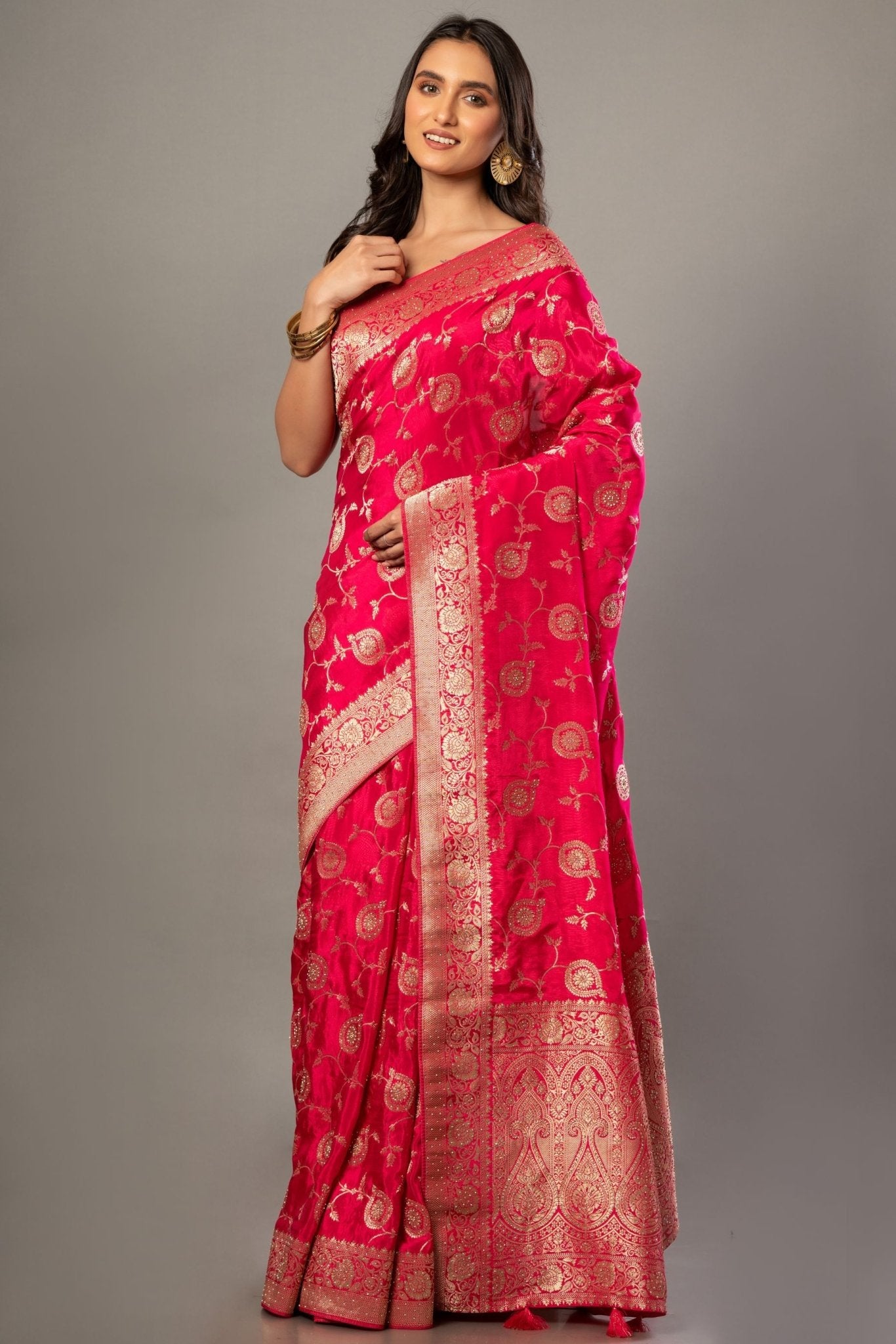 Pink Banarasi Bridal Saree with Floral - Anvi Couture
