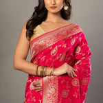 Pink Banarasi Bridal Saree with Floral - Anvi Couture