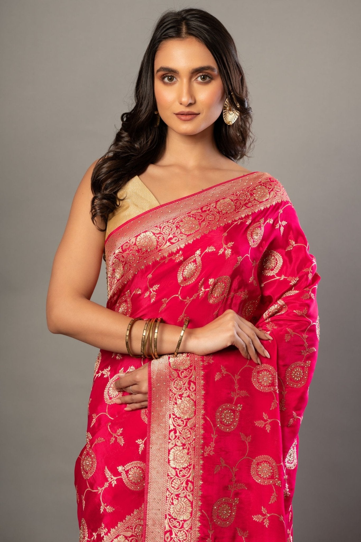 Pink Banarasi Bridal Saree with Floral - Anvi Couture