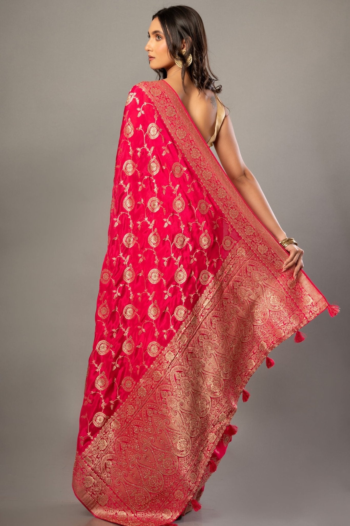 Pink Banarasi Bridal Saree with Floral - Anvi Couture