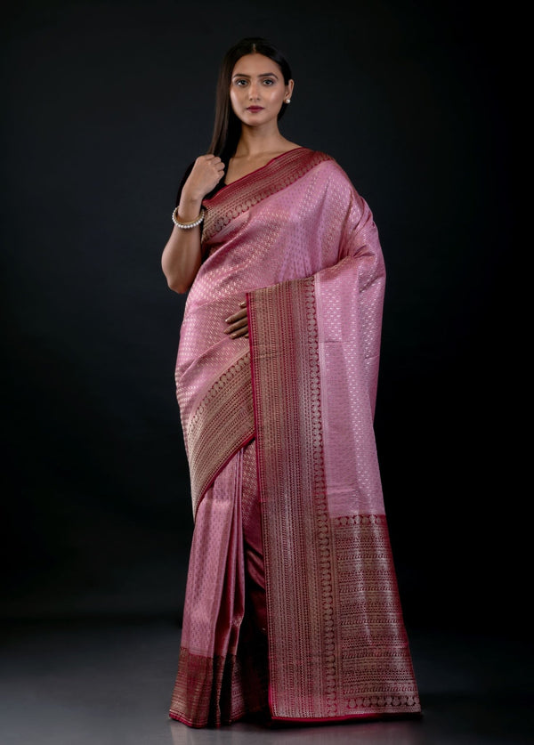 Pink Banarasi Katan Silk Saree with Contrast Golden Border - Anvi Couture