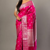 Pink Banarasi Silk Saree With Silver Woven Floral Border - Anvi Couture