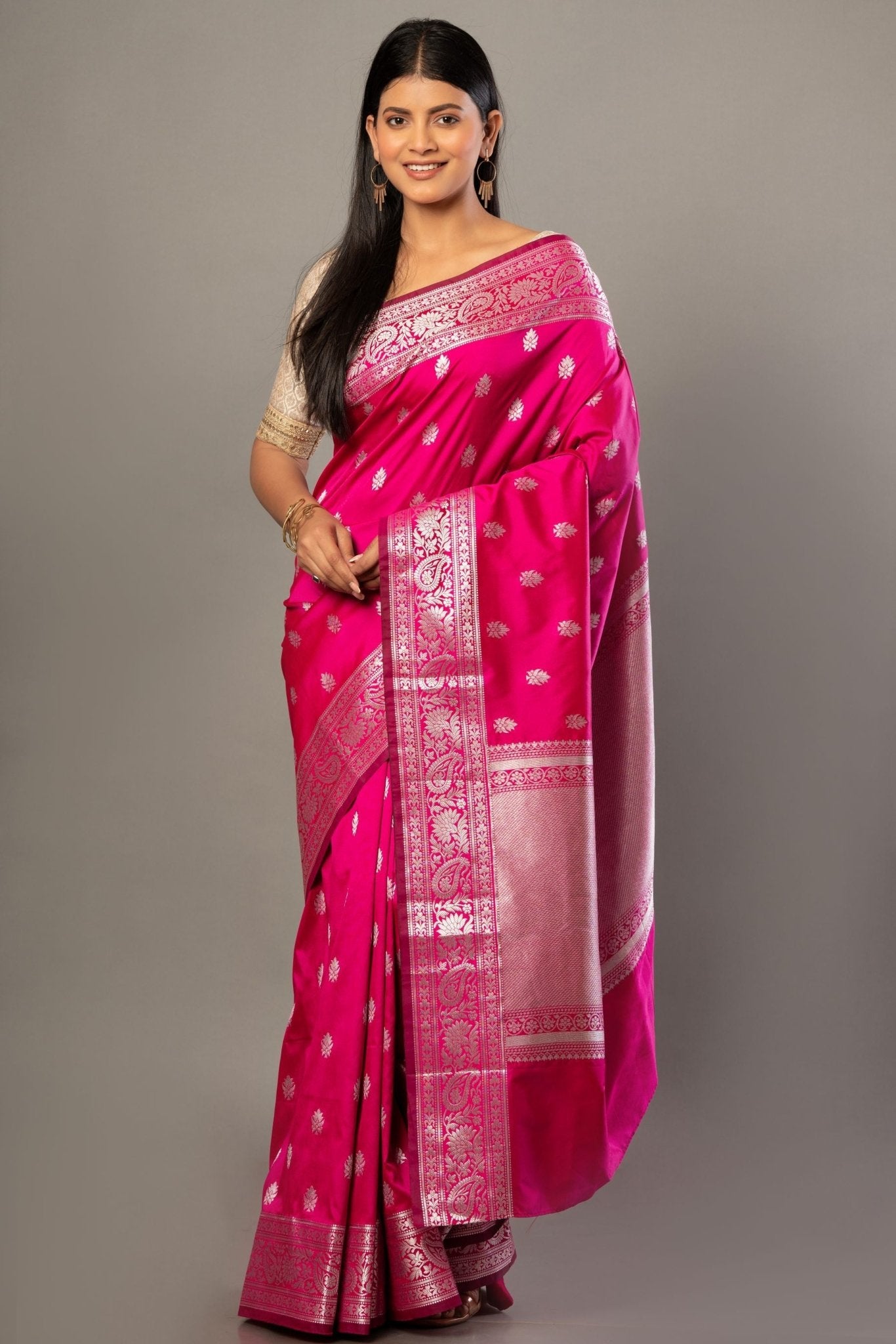Pink Banarasi Silk Saree With Silver Woven Floral Border - Anvi Couture