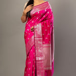 Pink Banarasi Silk Saree With Silver Woven Floral Border - Anvi Couture