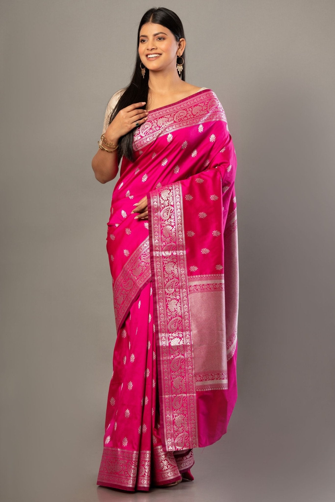 Pink Banarasi Silk Saree With Silver Woven Floral Border - Anvi Couture