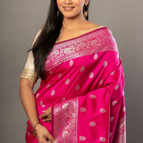 Pink Banarasi Silk Saree With Silver Woven Floral Border - Anvi Couture