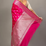 Pink Banarasi Silk Saree With Silver Woven Floral Border - Anvi Couture