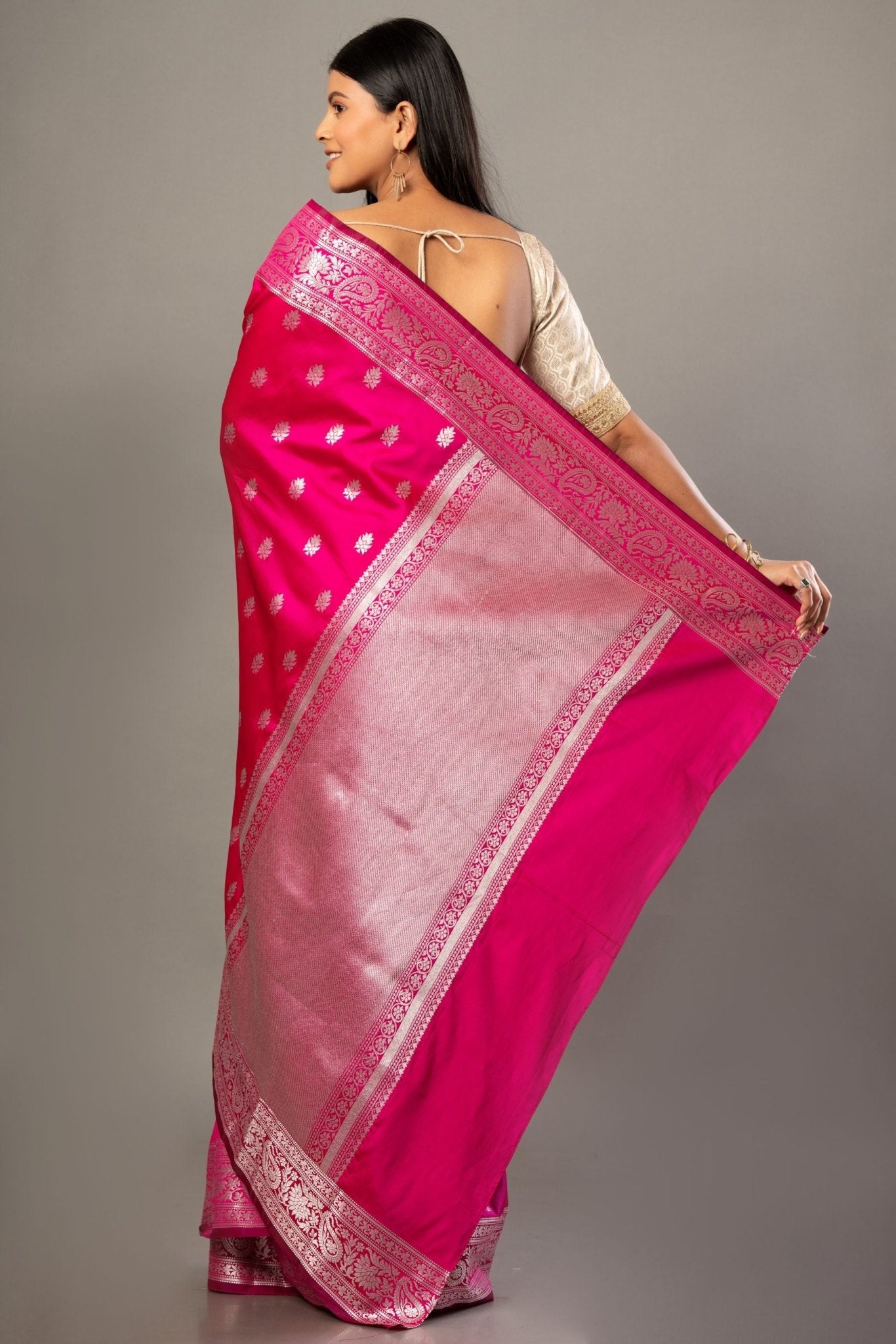 Pink Banarasi Silk Saree With Silver Woven Floral Border - Anvi Couture