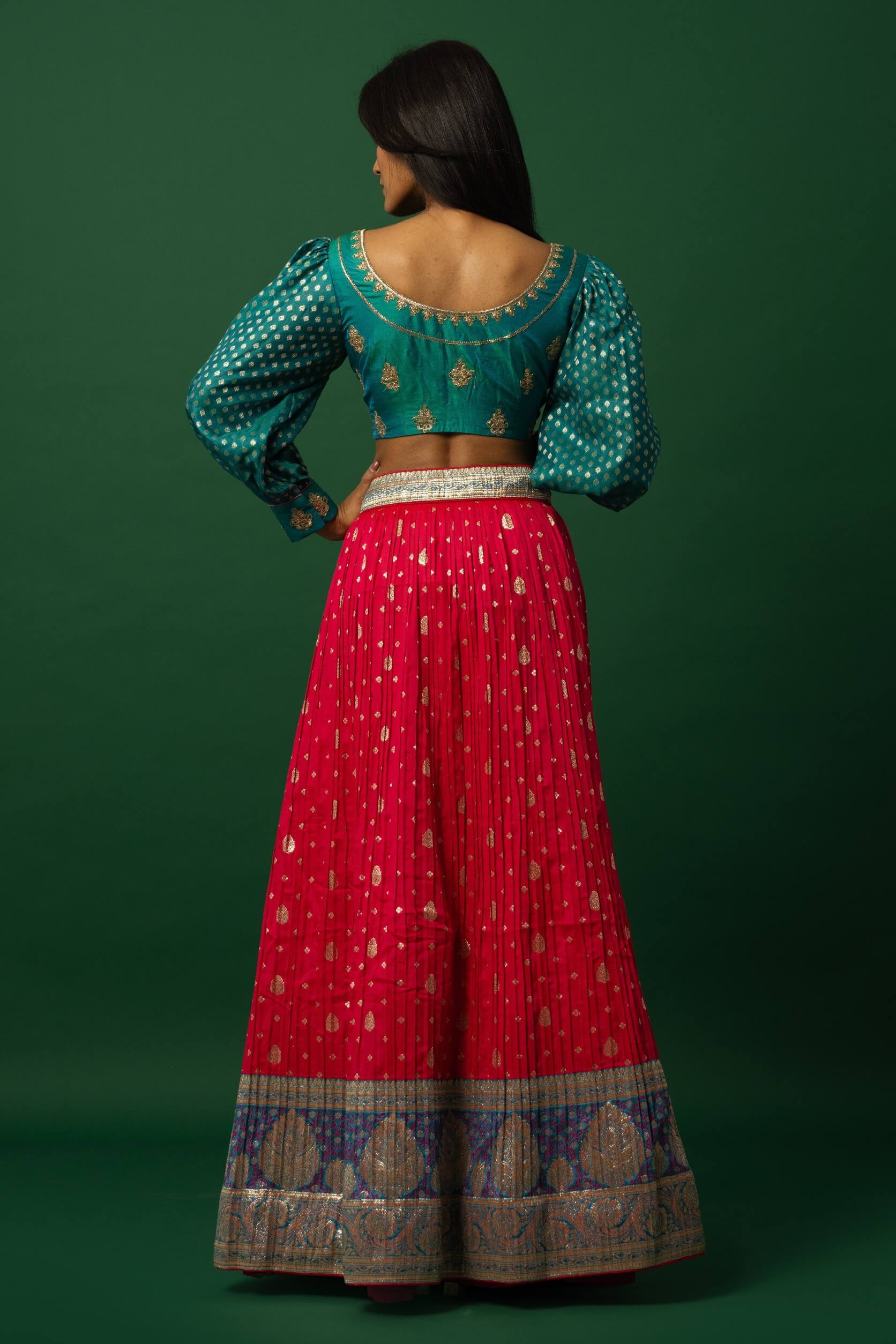 Pink Banarasi Weave Lehenga Set  -Peacock Blue Choli embroidery - back side