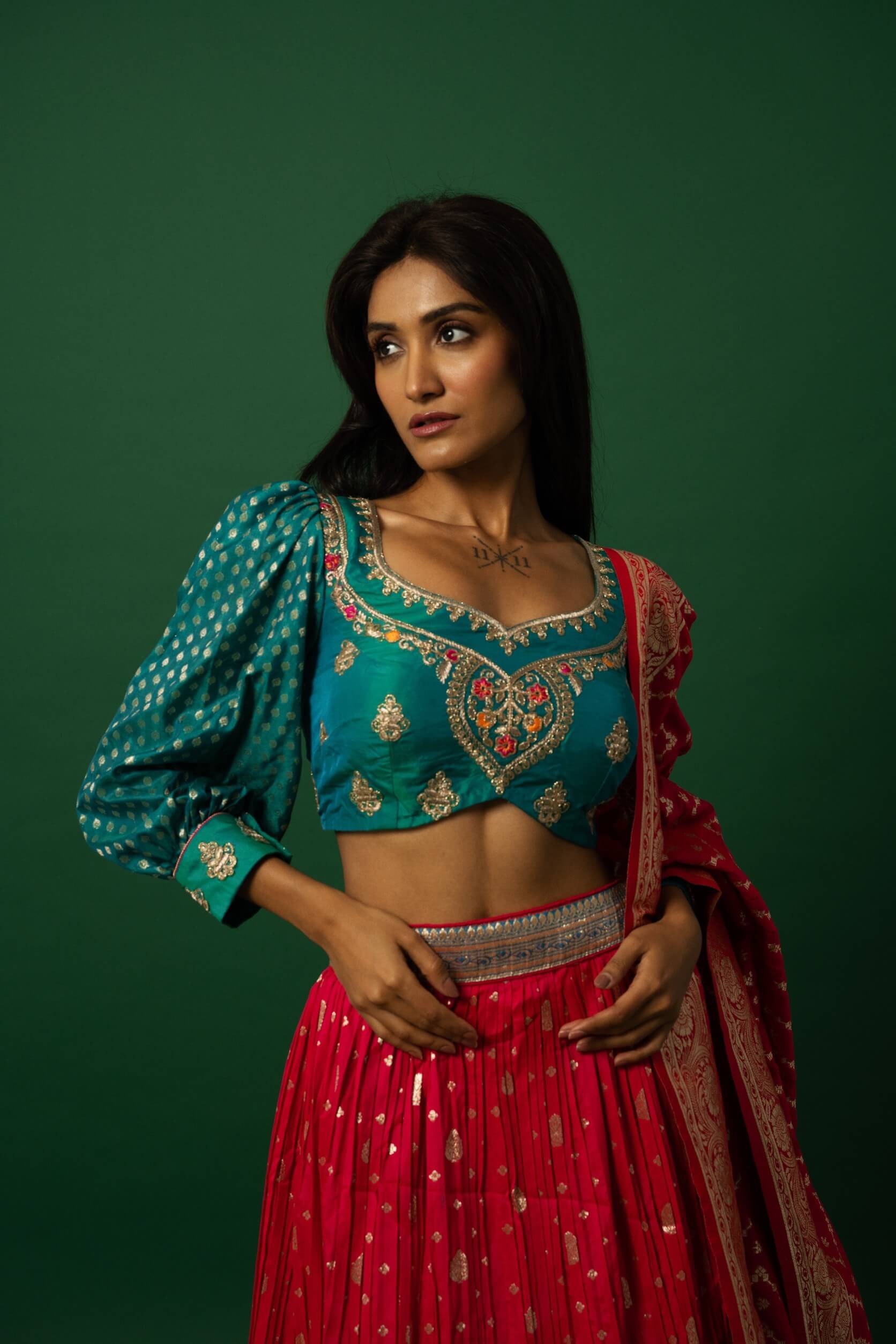 Pink Banarasi Weave Lehenga Set — Peacock Blue Choli embroidery close-up