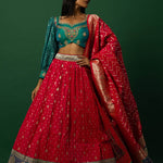 Pink Banarasi Weave Lehenga Set with Peacock Blue Choli — side view