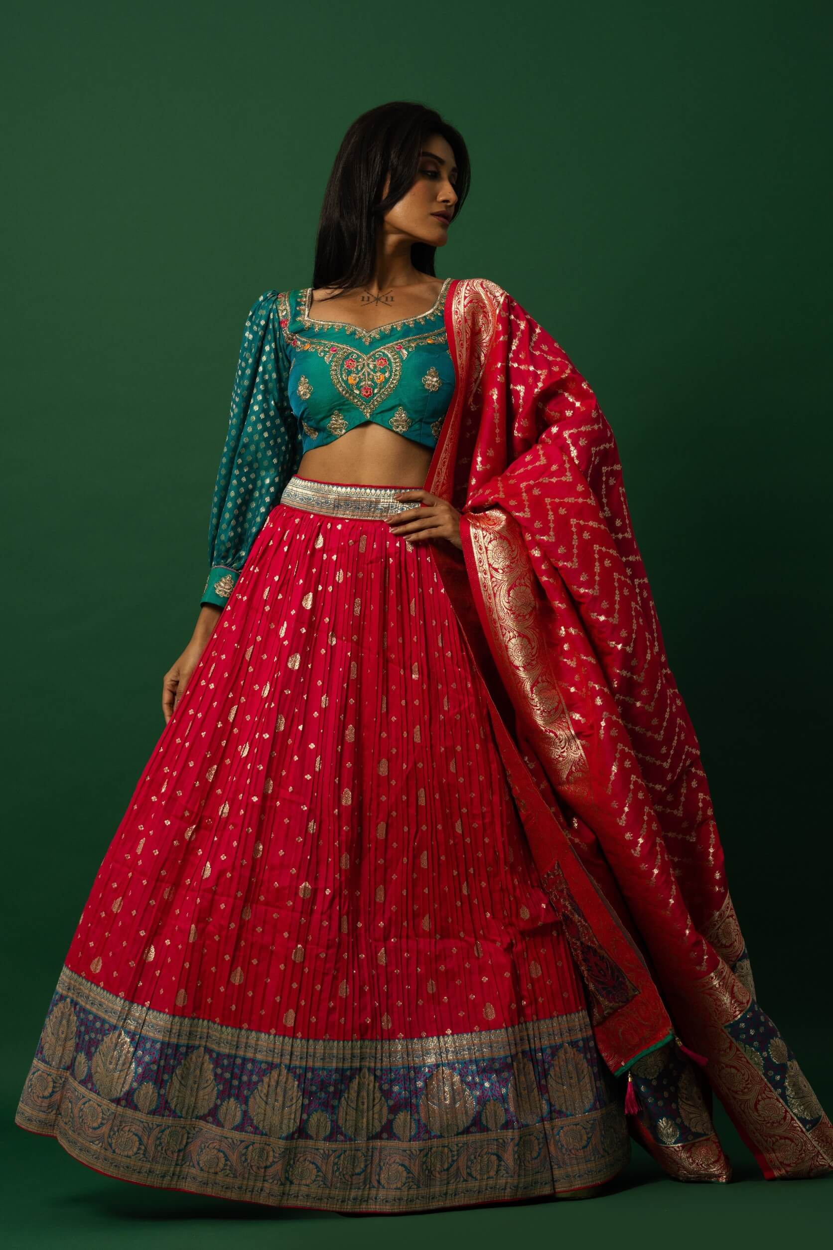 Pink Banarasi Weave Lehenga Set with Peacock Blue Choli — side view