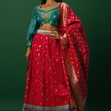 Pink Banarasi Weave Lehenga Set with Peacock Blue Choli — front view