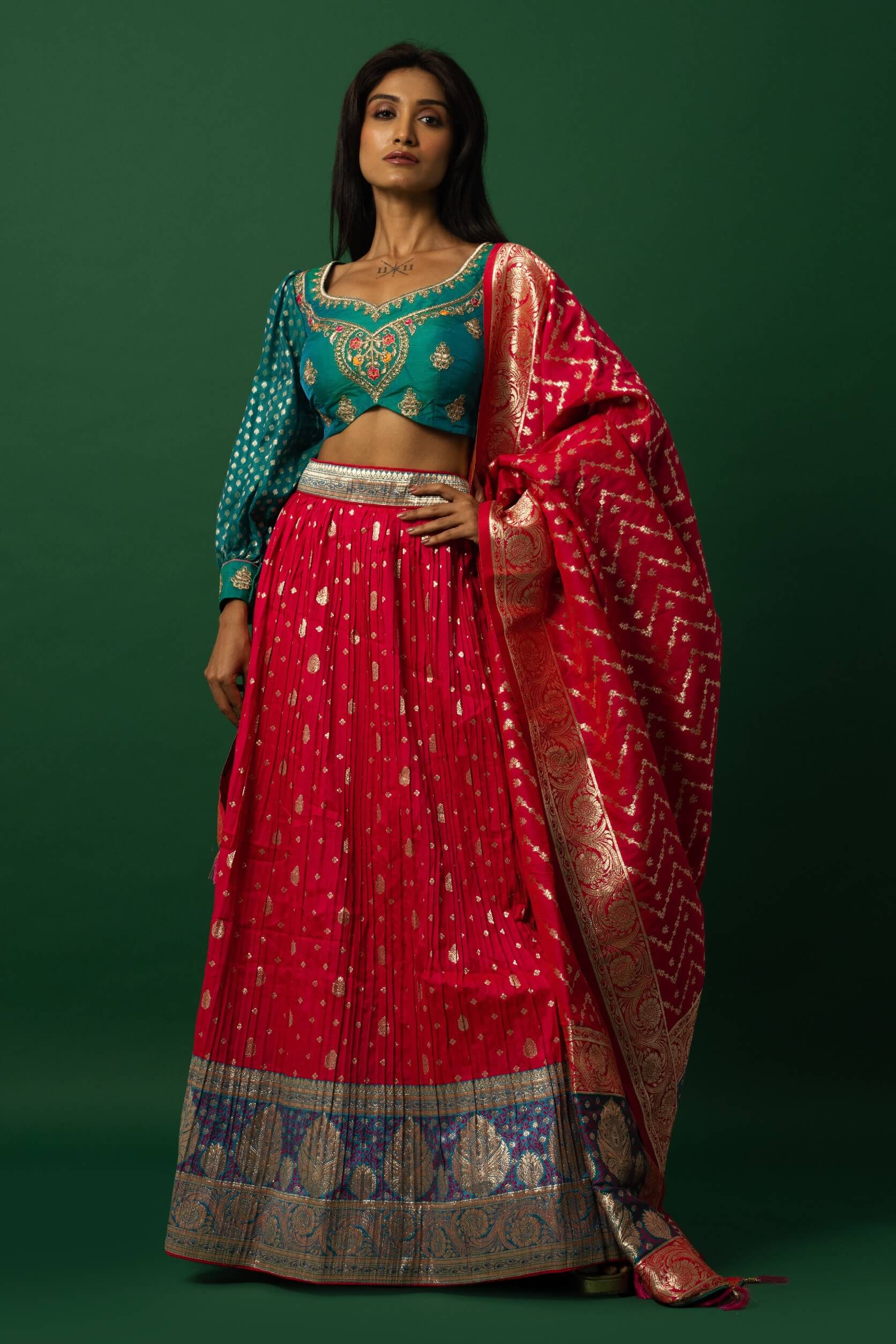Pink Banarasi Weave Lehenga Set with Peacock Blue Choli — front view
