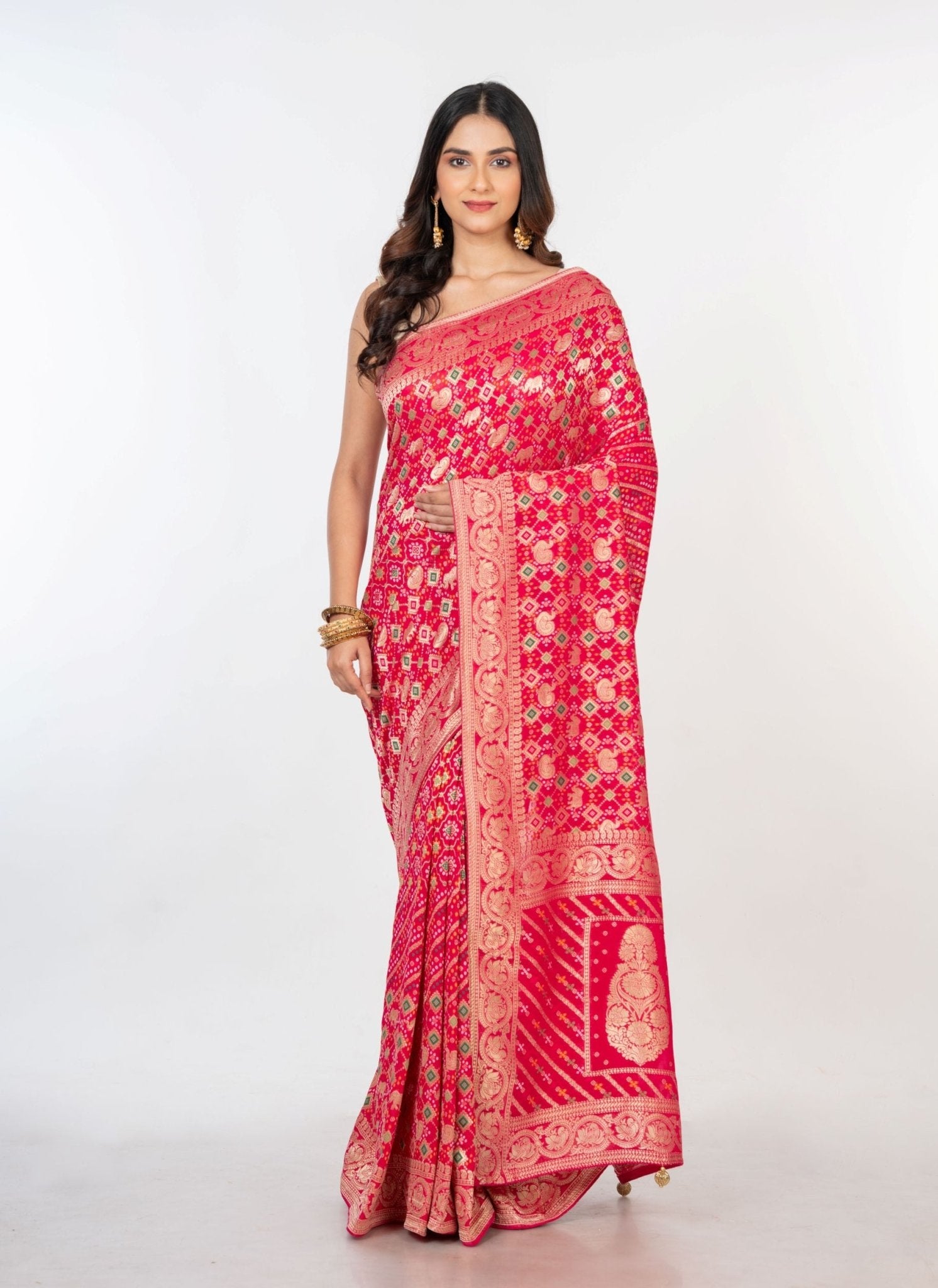 Pink Bandhani Khaddi Georgette Banarasi Saree - Anvi Couture