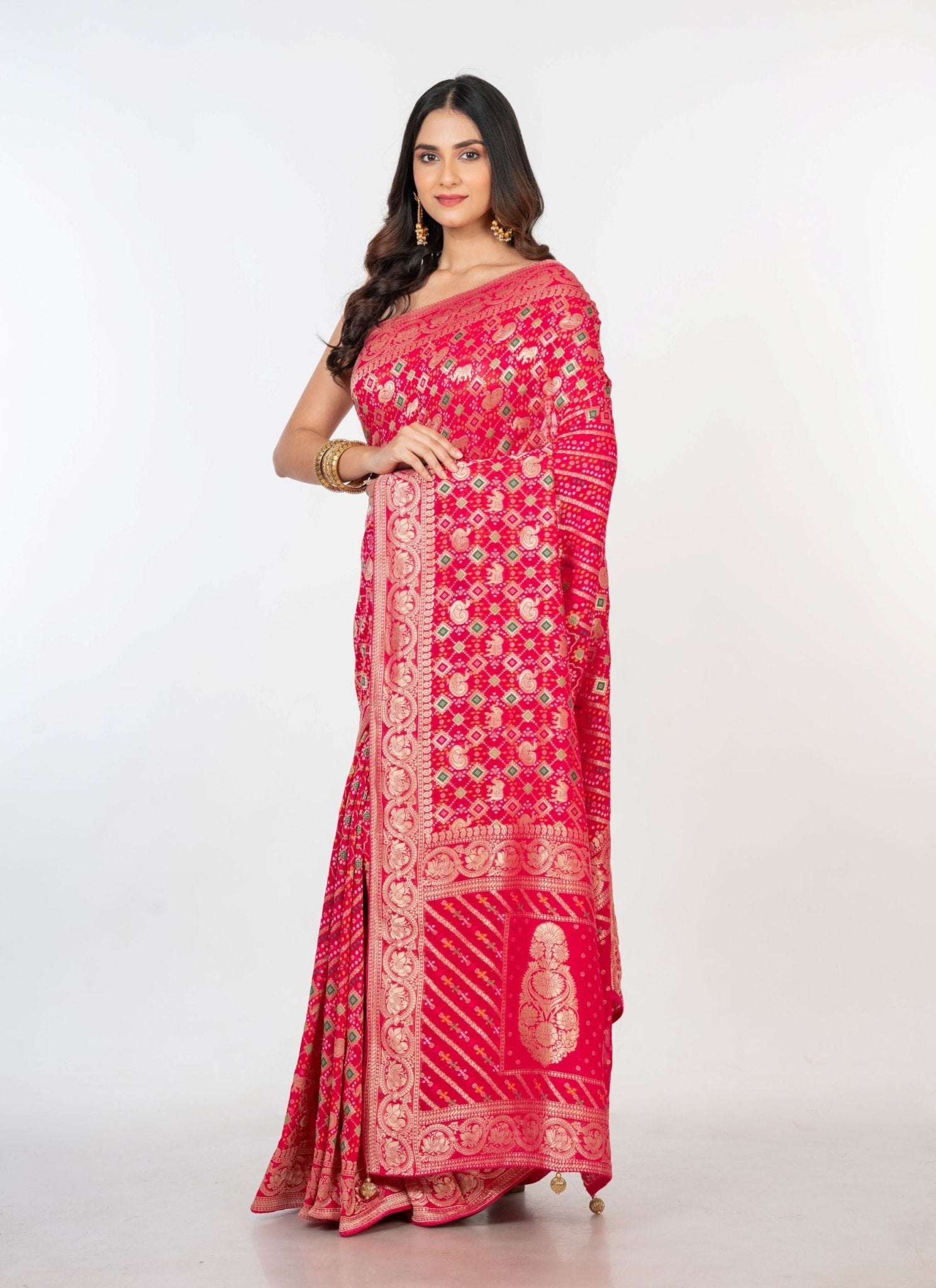 Pink Bandhani Khaddi Georgette Banarasi Saree - Anvi Couture