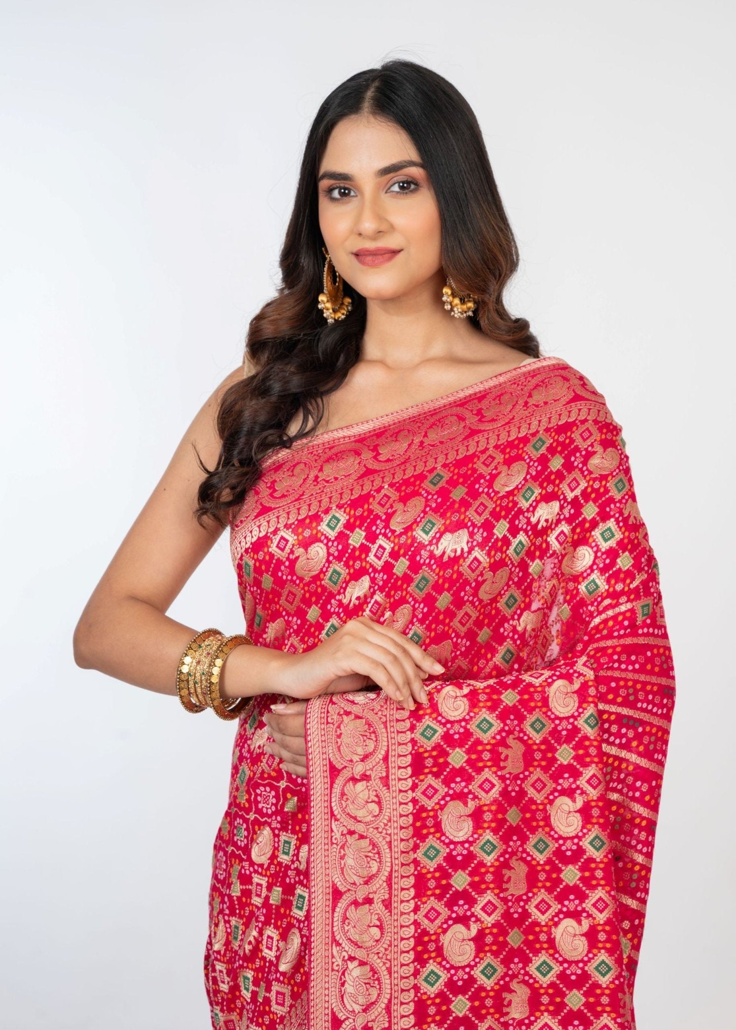 Pink Bandhani Khaddi Georgette Banarasi Saree - Anvi Couture