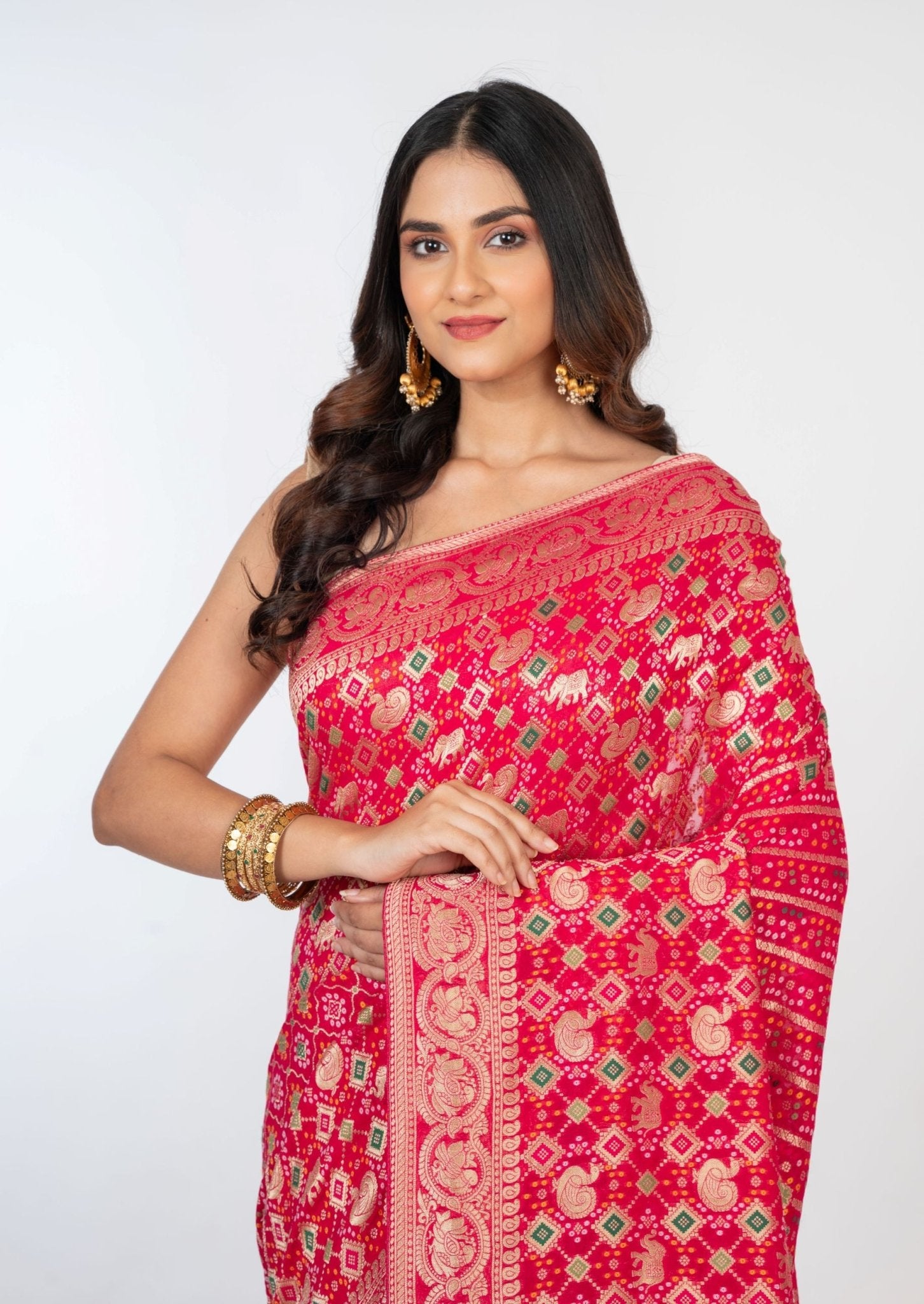 Pink Bandhani Khaddi Georgette Banarasi Saree - Anvi Couture
