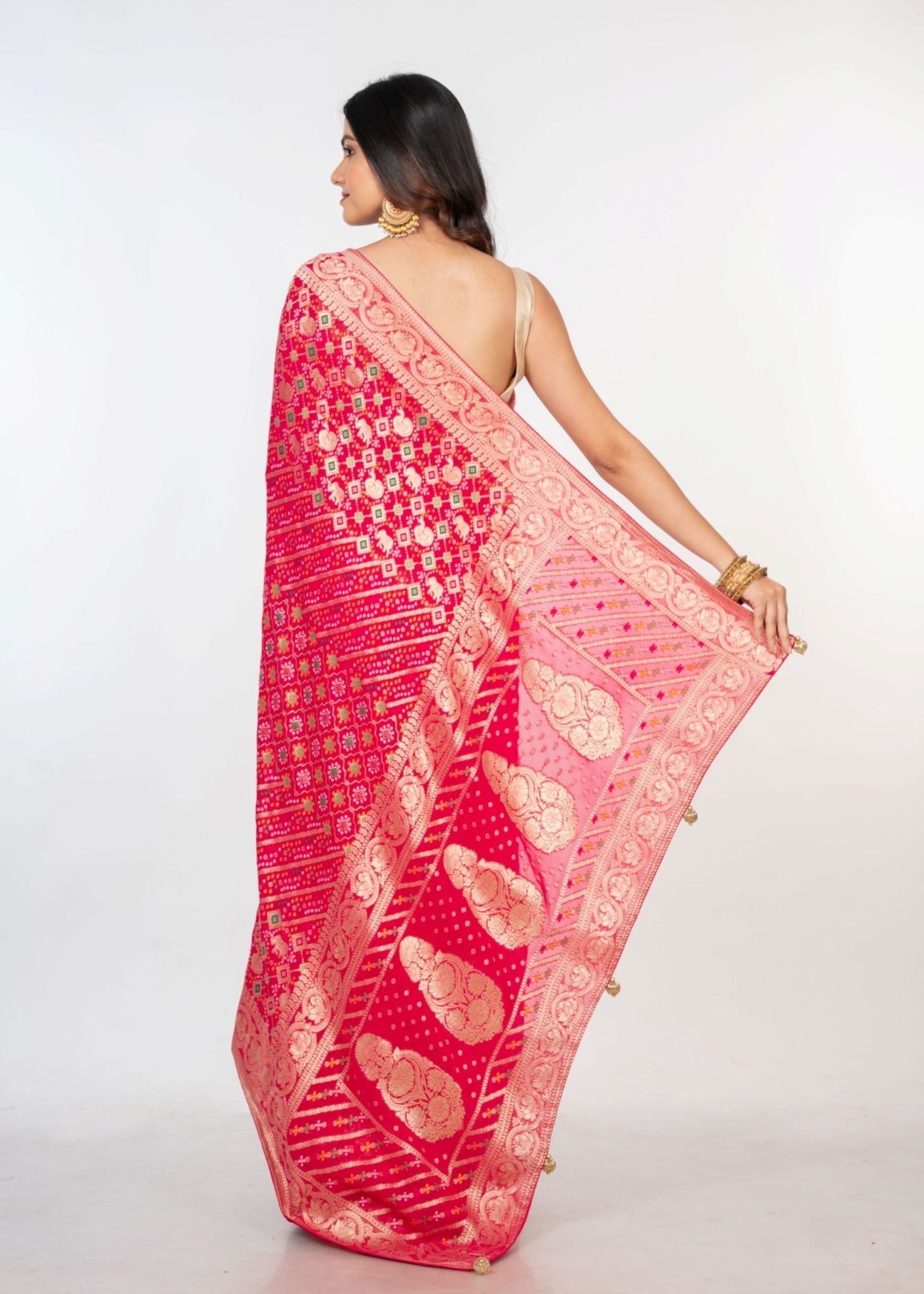 Pink Bandhani Khaddi Georgette Banarasi Saree - Anvi Couture