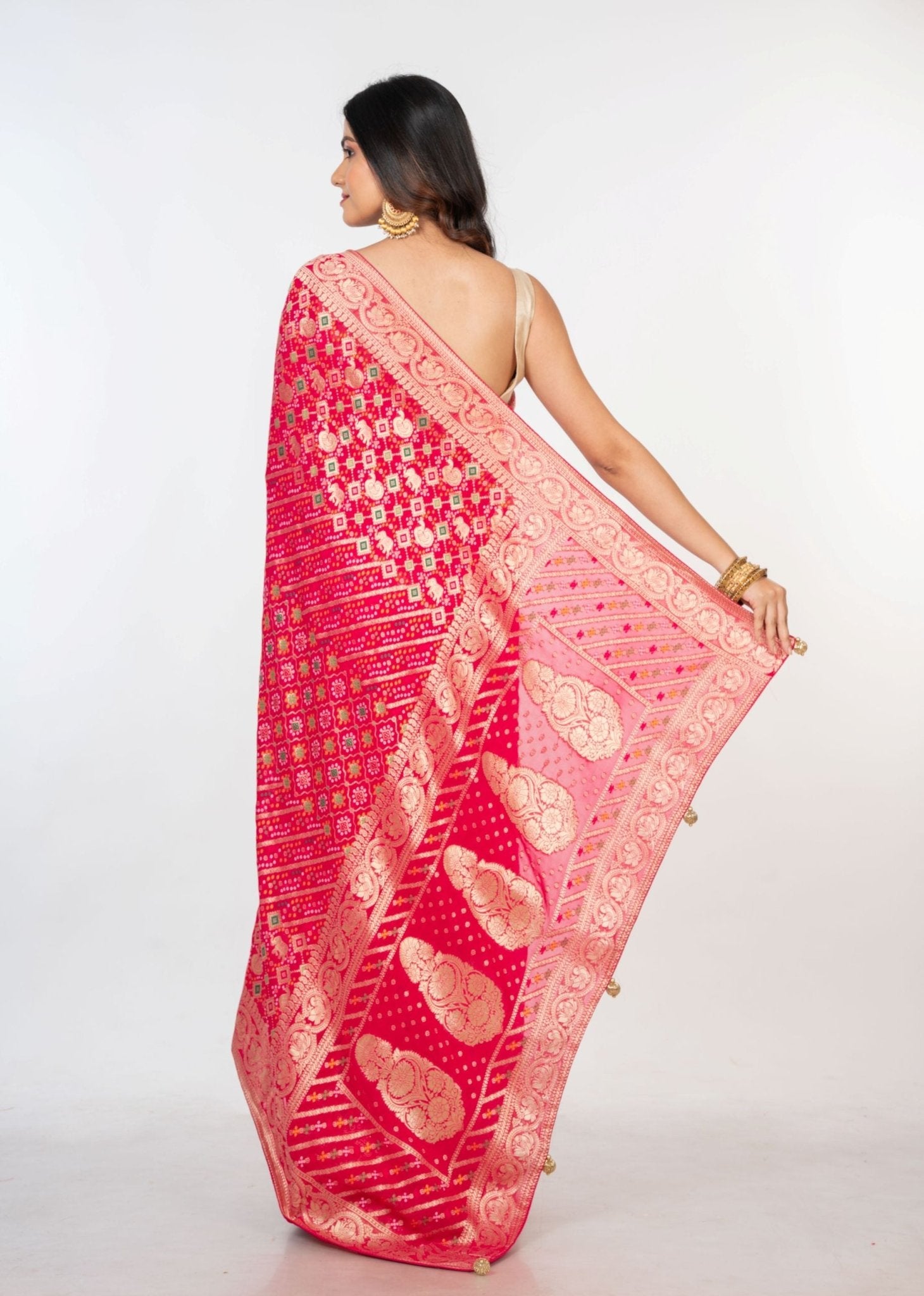 Pink Bandhani Khaddi Georgette Banarasi Saree - Anvi Couture