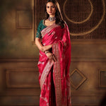 Pink Bridal Banarasi Mashru Silk Saree With Hand Embroidered Work - Front