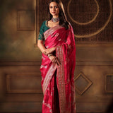 Pink Bridal Banarasi Mashru Silk Saree With Hand Embroidered Work - Front