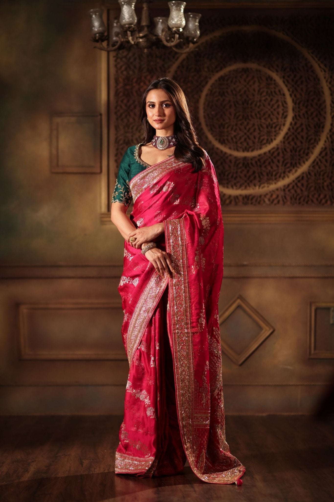 Pink Bridal Banarasi Mashru Silk Saree With Hand Embroidered Work - Front