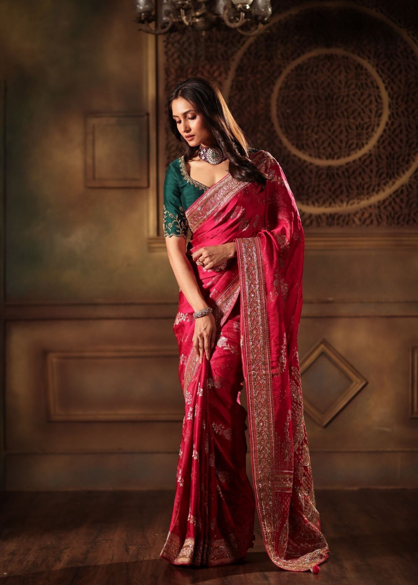 Pink Bridal Banarasi Mashru Silk Saree With Hand Embroidered Work - Side