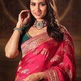 Pink Bridal Banarasi Mashru Silk Saree With Hand Embroidered Work - Close