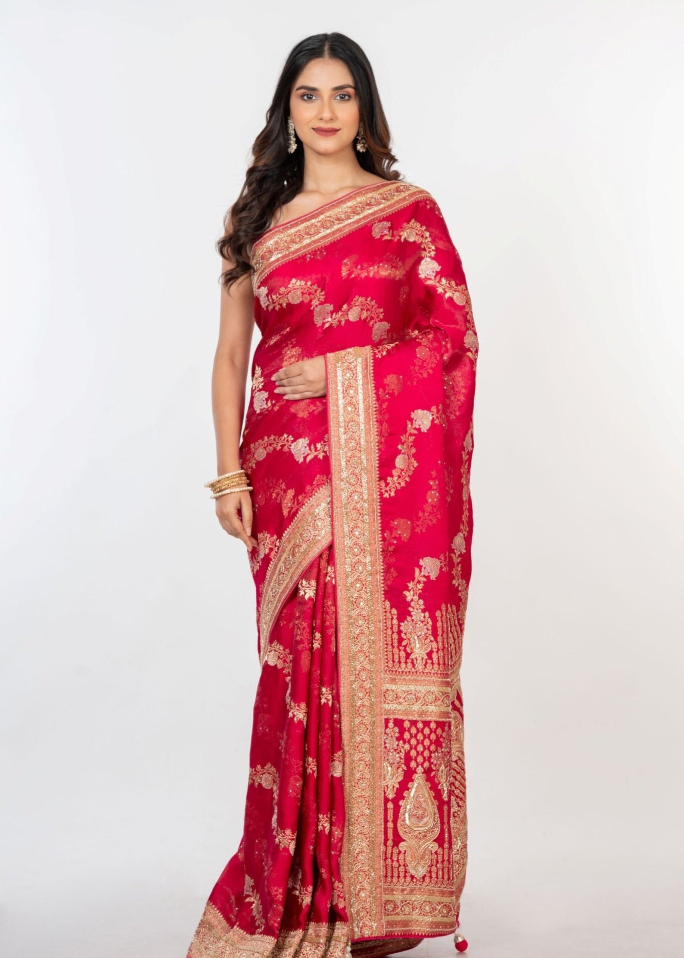 Pink Bridal Banarasi Mashru Silk Saree With Hand Embroidered Work - Anvi Couture