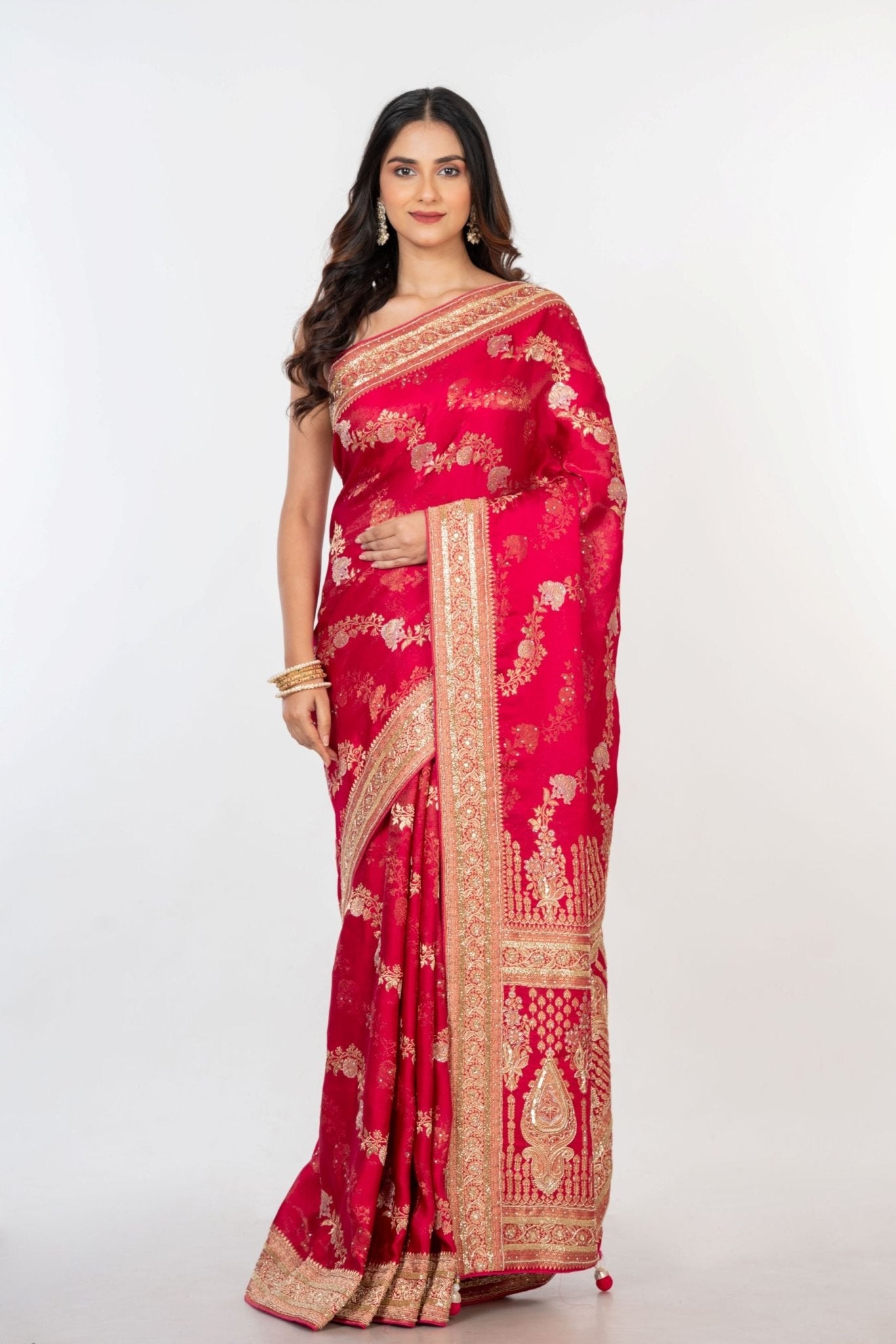 Pink Bridal Banarasi Mashru Silk Saree With Hand Embroidered Work - Anvi Couture