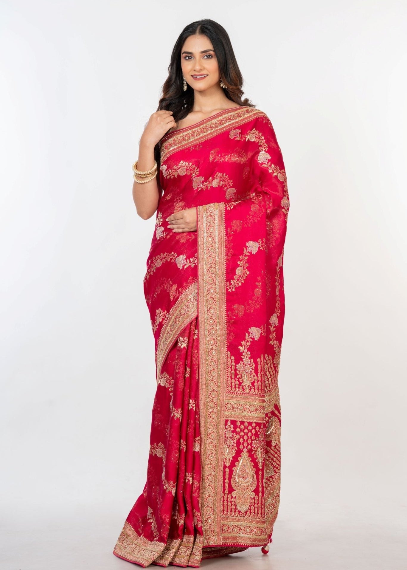 Pink Bridal Banarasi Mashru Silk Saree With Hand Embroidered Work - Anvi Couture
