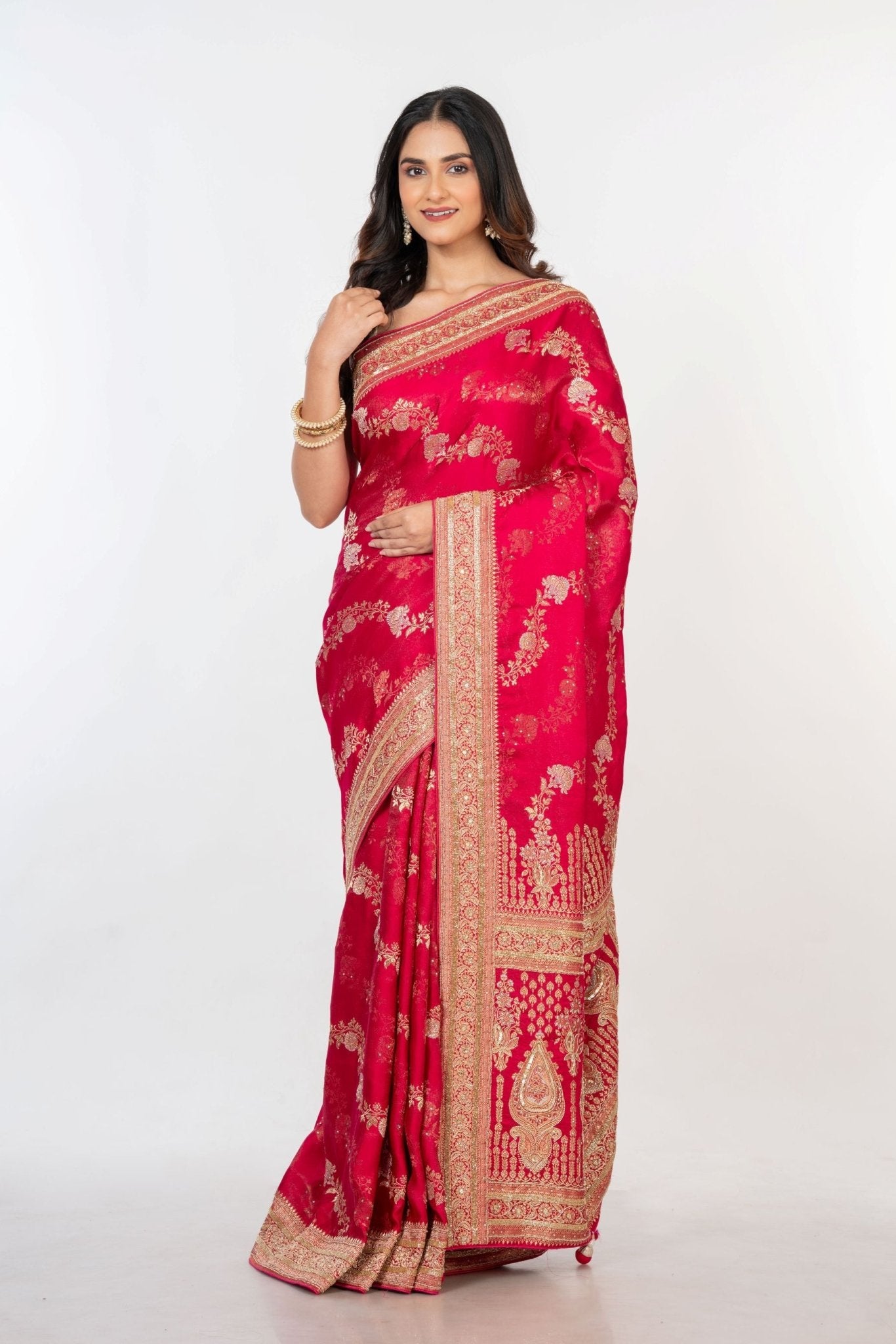 Pink Bridal Banarasi Mashru Silk Saree With Hand Embroidered Work - Anvi Couture