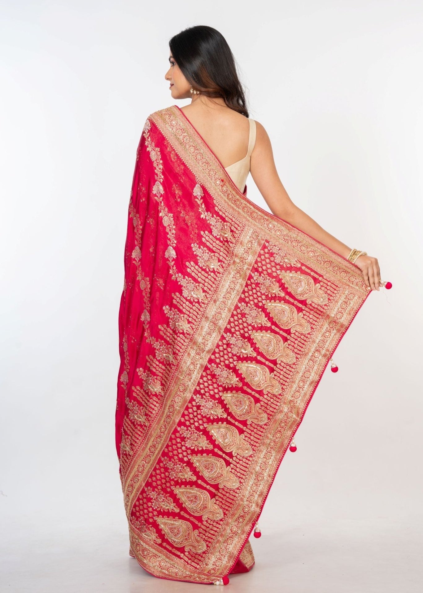 Pink Bridal Banarasi Mashru Silk Saree With Hand Embroidered Work - Anvi Couture