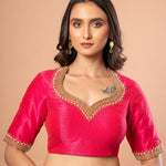 Pink Bridal Hand Embroidered Aari Work Blouse in Raw Silk - Anvi Couture