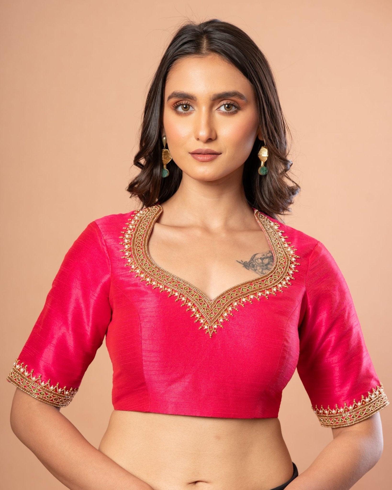 Pink Bridal Hand Embroidered Aari Work Blouse in Raw Silk - Anvi Couture