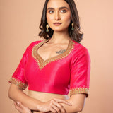 Pink Bridal Hand Embroidered Aari Work Blouse in Raw Silk - Anvi Couture