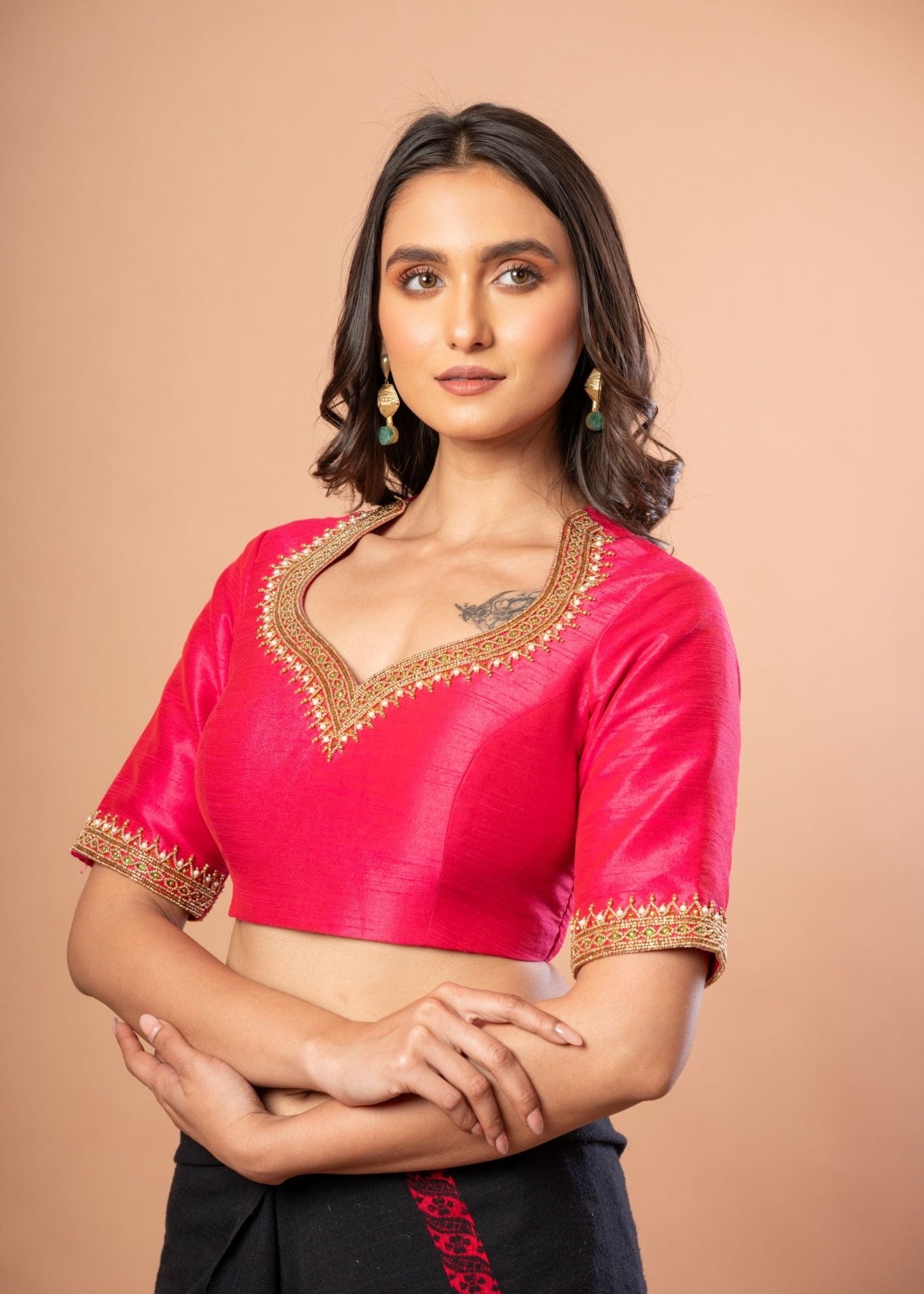 Pink Bridal Hand Embroidered Aari Work Blouse in Raw Silk - Anvi Couture