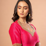 Pink Bridal Hand Embroidered Aari Work Blouse in Raw Silk - Anvi Couture