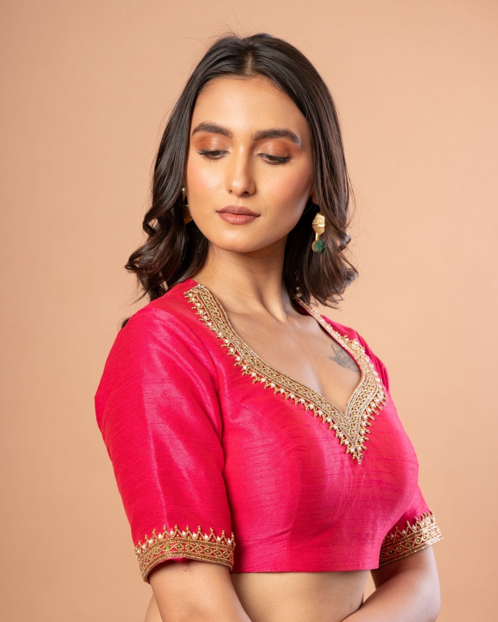 Pink Bridal Hand Embroidered Aari Work Blouse in Raw Silk - Anvi Couture
