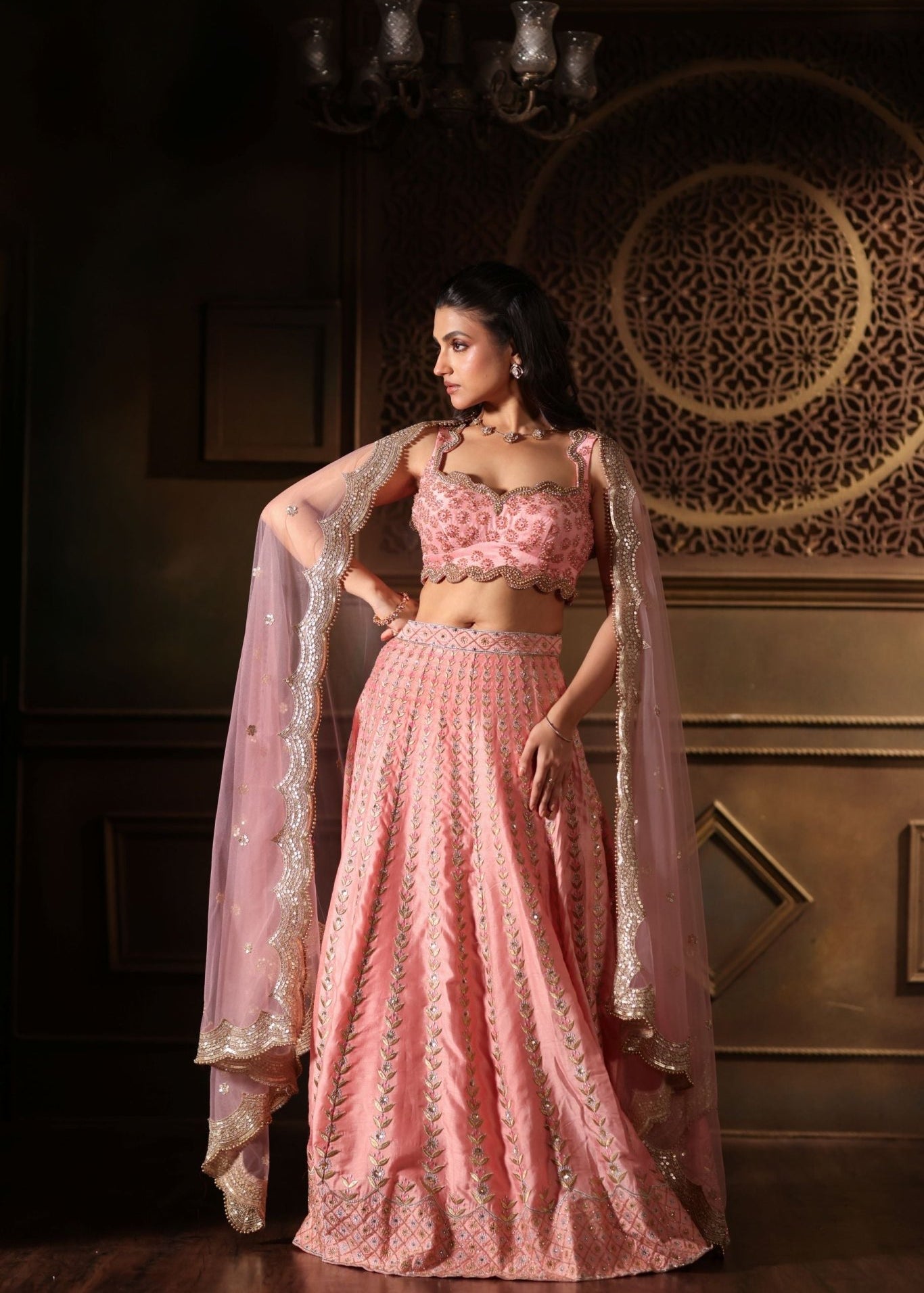 Pink Bridal Lehenga Set With Heavy Embroidered Work - Anvi Couture