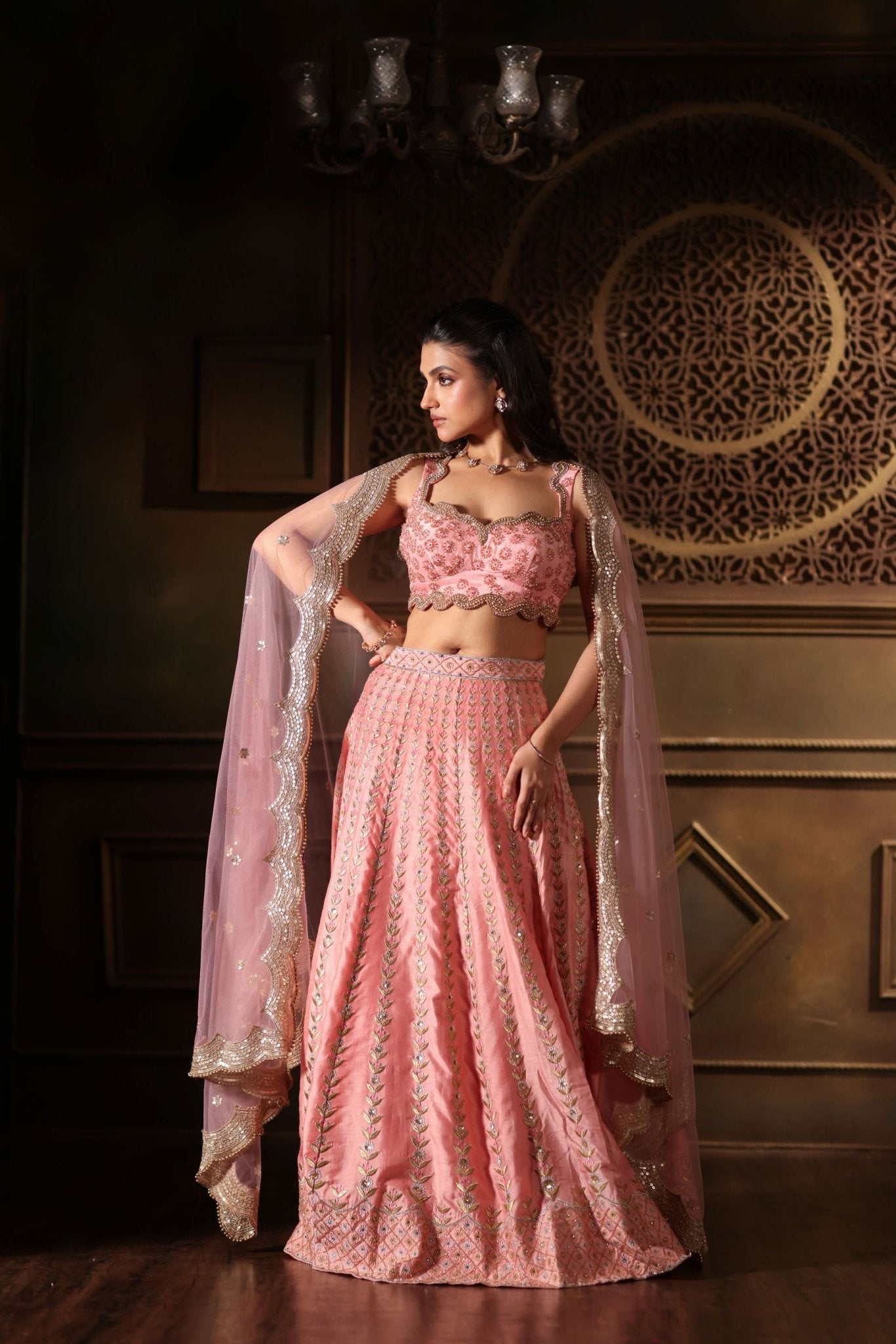 Pink Bridal Lehenga Set With Heavy Embroidered Work - Anvi Couture